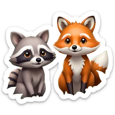 Collage of a raccoon and a fox, in close-up, set in a beautiful forest with tall trees, green bushes, and sunlight filtering through the leaves and flowers. A vibrant, wild atmosphere with a transparent background. sticker