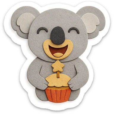 laughing koala holding cupcake with star candle, paper-craft style sticker