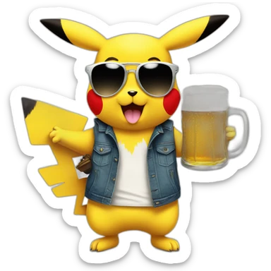 pikachu with sunglasses, a watch, and a beer next to him sticker