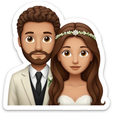 wedding couple woman with long straight brown hair and eyes man with long brown curly hair and facial hair sticker