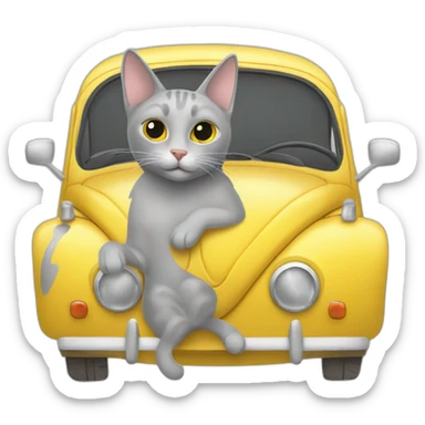 Grey cat sitting on yellow volkswagen beetle sticker