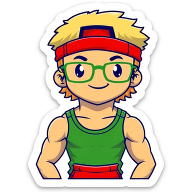 Skinny man with black and white cap, thin bare torso, red shorts, clear glasses, messy light blond mullet hairstyle, smiling and attempting to flex nonexistent muscles sticker