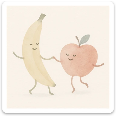 a banana and apple dancing, watercolor art style, soft colors, joyful mood sticker