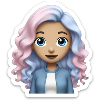 Cut girl with long wavy black and blue hair, blue eyes, pale sin, pink lips, blush. sticker