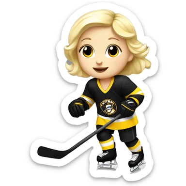 Baby girl with blond hair is playing ice hockey in black and white and yellow dress sticker