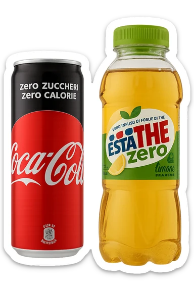 lattina di coca cola zero fluttua accanto a bottiglia di esta-thè zero, iperrealistiche 4k sticker