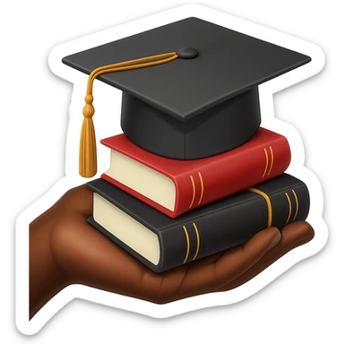 Make the stack of graduation books with cap emoji feature an African American hand or character, with no background. sticker