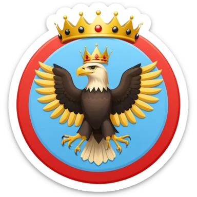 A light blue flag featuring a red and black horizontal stripe across the center. In the middle, a yellow circle contains a golden heraldic eagle with spread wings and a small crown above its head. Flat 2D vector style. sticker
