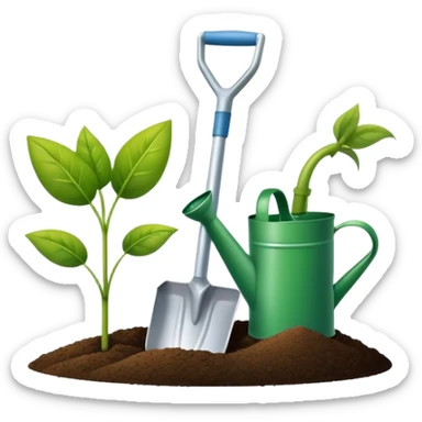 An icon featuring a shovel, a plant symbolizing agronomy. The design includes crops, a field, and a watering can, representing the science of soil management, crop production, and sustainable farming. Transparent background highlights agricultural research and growth. sticker