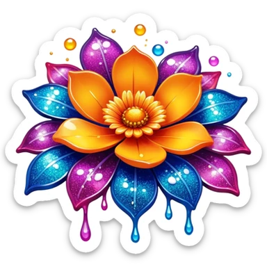 Create an icon that represents the hobby of decorative arts using epoxy resin. The design should feature a surface or object, like a coaster or decorative piece, with resin being poured or molded. Include visible epoxy resin pouring, with glossy and vibrant colors mixed into the resin. The composition should highlight the creative process and intricate details, such as embedded flowers, glitter, or pigments within the resin. The background should be transparent. sticker