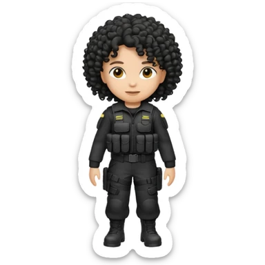 emoji dressed in black, curly hair, light skin, and tactical gear  sticker