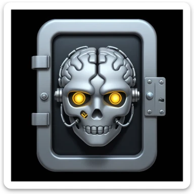 A digital brain locked behind a door, dark cyberpunk mood, black background sticker