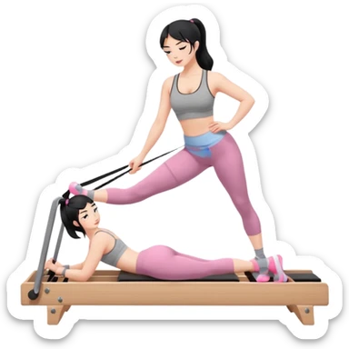 Create a Pilates emoji: a girl with fair skin and black hair, wearing a grey bra and grey leggings with pink pilates socks, on all fours on a wooden reformer. Make it look at the reformer. Make the colors neutrals. sticker