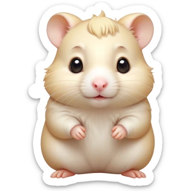 Cinematic Cute Cream Hamster Portrait Emoji, Head tilted playfully and inquisitively, featuring a silky, pristine cream coat with a gentle sheen, round, sparkling dark eyes filled with curiosity, Simplified yet irresistibly adorable features, highly detailed, glowing with a warm, friendly glow, high shine, affectionate and lively, stylized with a touch of whimsy, bright and endearing, soft glowing outline, capturing the essence of a mischievous yet loving hamster, so playful it feels like it could dash out of the screen and into your arms! sticker
