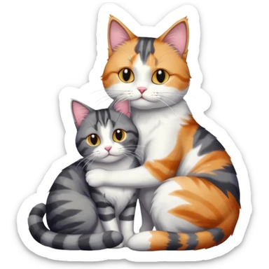 full body colourful light patched calico + white tabby cat cuddling a bigger cat that is dark grey and white tabby cat  sticker