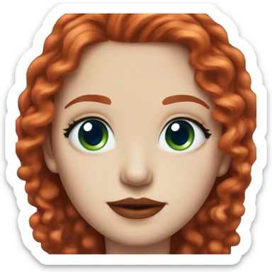 straight long curly red hair, tomato red lipstick, blue-green bright eyes, white skin and a very small sharp nose sticker