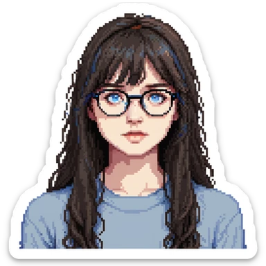 teenage girl with long dark brown hair, bangs, blue eyes, round glasses with thin black frames sticker