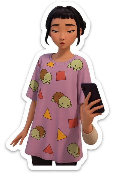 Extract the character including the clothes she is wearing from the background and place her on a transparent background. Keep the original style and appearance exactly the same as in the reference image. sticker