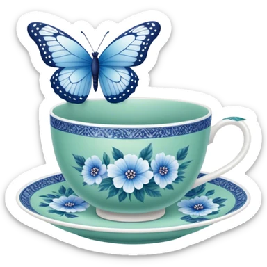 A delicate butterfly with pastel blue wings, resting on the edge of a green  porcelain teacup adorned with intricate blue floral patterns. sticker