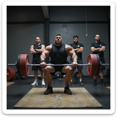 realistic powerlifter performing deadlift, observing other athletes discussing AAS in background, uncertain expression, isolated on white background sticker