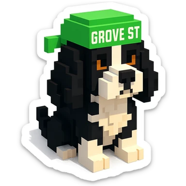 A black and white Russian Cocker Spaniel puppy wearing a grove street durag, voxel style, sitting sticker