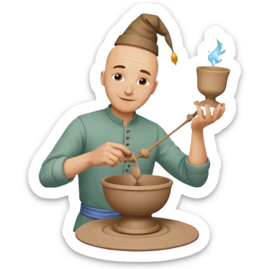 A man Caucasian bald is a potter spinning a clay cup on a potter’s wheel. It is his birthday  sticker