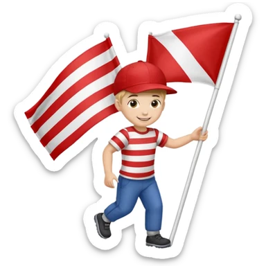 A small boy in a cap, smiling brightly while dragging a flag slightly bigger than him. sticker