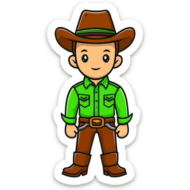 Cartoon cowboy with bright green outfit and matching green cowboy hat, western style sticker