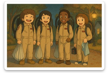 Dustin, Mike, Lucas and Will from Stranger Things dressed as Ghostbusters for Halloween, in Ghibli style with delicate strokes, thick dark contours, colored in pastel tones, with a slightly aged texture. Variation 1: all smiling, illuminated street in the background. sticker