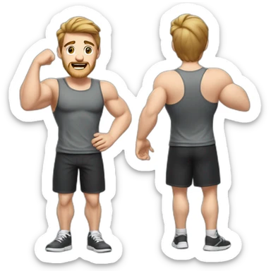 Close up Actively gesturing  with hands Pale skinned Fit Man With the biceps and brown hair in dark gray Sleeveless Mike, black oversize sports shorts, watch and white Sneakers sticker