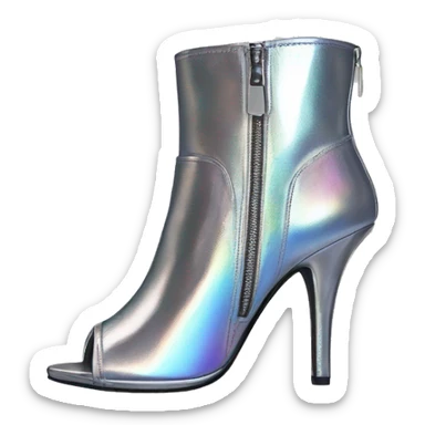 Realistic isolated top view of a pair of silver iridescent peep toe zippered ankle bootie boots. sticker