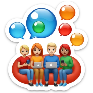 Multiple people inside colorful transparent bubbles (blue, red, orange, green), each using a smartphone or laptop. The people are in casual clothing, and the background is a simple cityscape with soft lighting. Emoji-style, clean and modern design. sticker