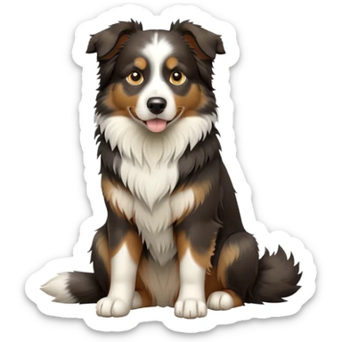 cinematic-[australian shepherd dog]-realistic-full-body-sitting-emoji,-tail-resting-loosely-beside-its-paws,-head-tilted-dramatically,-scruffy-[black white tan]-fur,-simplified-yet-realistic-focused-features,-highly-detailed,-glowing-with-an-almost-sarcastic-glow sticker
