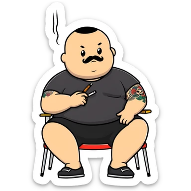 Overweight man sitting back in chair with legs spread, holding cigarette, exposed belly, round face, very short buzzcut hair, short beard with mustache, black t-shirt with light stripes on top, black shorts, tattooed arms sticker