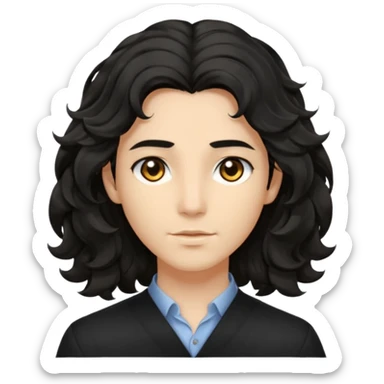his avatar has shoulder-length black wavy hair with loose curls framing the face, and a long, pointed face with golden-brown eyes and a calm, neutral expression. sticker