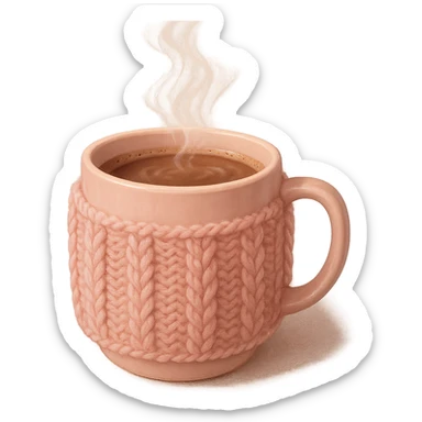 pink cozy hot cocoa in a knitted mug sleeve, comforting sticker