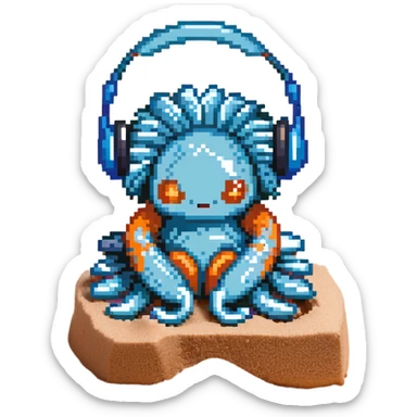 light blue sea anemone with arms, listening to music with headphones, sitting on sand sticker