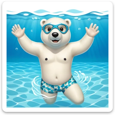 friendly anthropomorphised polar bear swimming freestyle in a large pool, excited expression, wearing patterned swim trunks and full snorkel mask sticker
