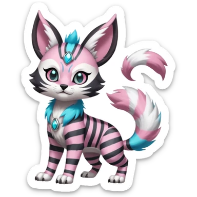 Black and pink-striped Colorful Skilled Adept Graceful Asian Painted WereGarurumon-Meloetta-Ursaring-Furret-fusion-hybrid-creature (full body) with cyan rings around eyes, tufted lynx ears sticker