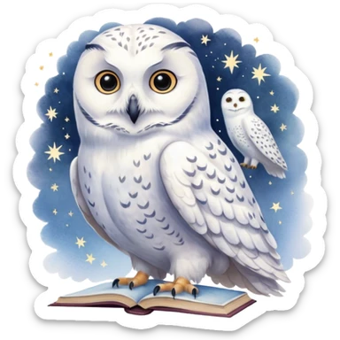 A hand-drawn fantasy illustration of Hedwig, Harry Potter’s snowy owl, with soft watercolor style, gentle pastel tones, magical sparkles in the air, cozy wizarding atmosphere, storybook illustration, high detail, whimsical and warm mood. sticker