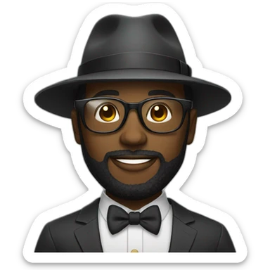 Bearded black man wearing a wide brim fedora and suit with cool glasses sticker