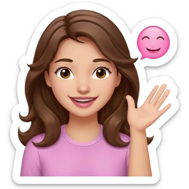 girl with wavy long brown hair, brown eyes, light to medium complexion, long lashes, light pink lipstick, smiling, wearing light pink shirt, slapping sticker