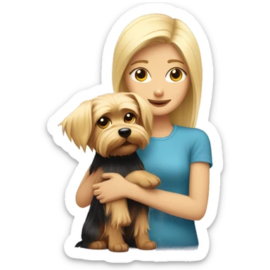 Blondie cuddles a Yorkshire terrier. sticker
