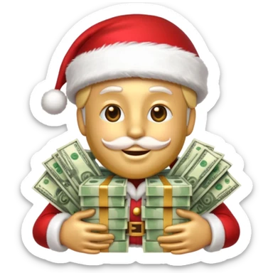A confident rich emoji face wearing a Santa hat, money stacks, casino vibe, New Year theme, premium 3D emoji style, sharp details, no text, isolated on transparent background sticker