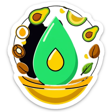 Floating aura in the shape of a golden and jade green drop, with bright icons of avocado, nuts, olive oil and ethereal fish spinning in a circle, surrounding a warm heart and illuminated brain, wrapped in a soft glow of protection and stable energy sticker