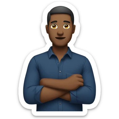 dark blue shirt, arm pointing across body sticker
