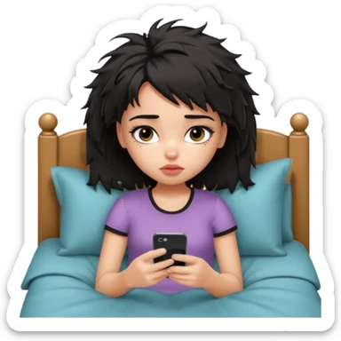 generate a pretty bratz girl with short black messy bed hair, looking tired and using her phone sticker