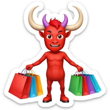 Red devil with horns carrying colorful shopping bags sticker