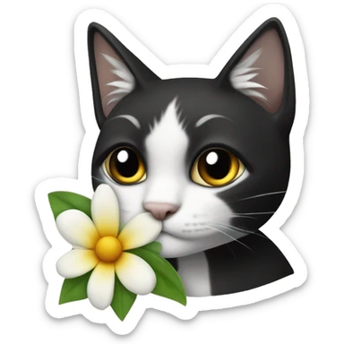 Gatito negro y blanco con una flor sticker