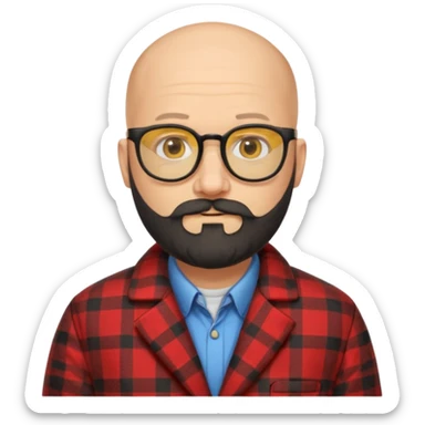 Un profesor calvo, que tenga barba abundante de color negro, lleva gafas con el cristal de color amarillo y un abrigo de cuadros rojo sticker